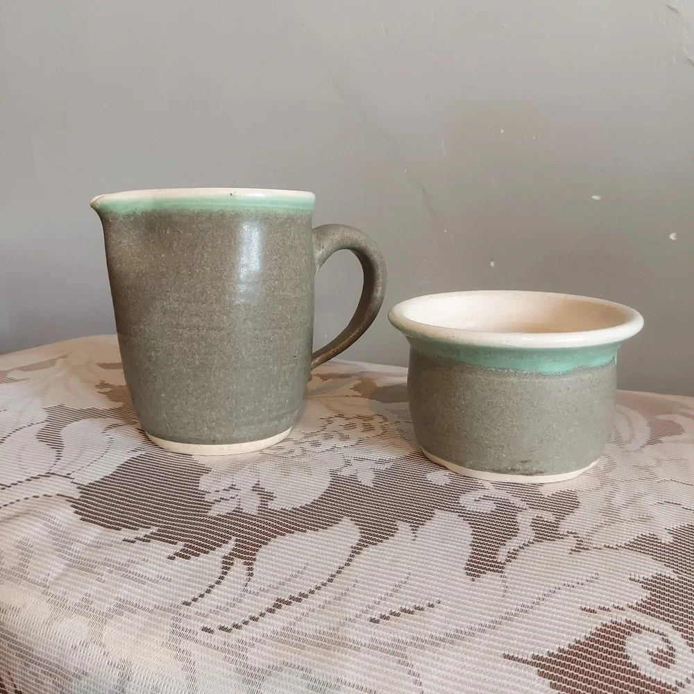Overman Studio Pottery Cream and Sugar Set Sage Mint Green Drip Glaze Signed